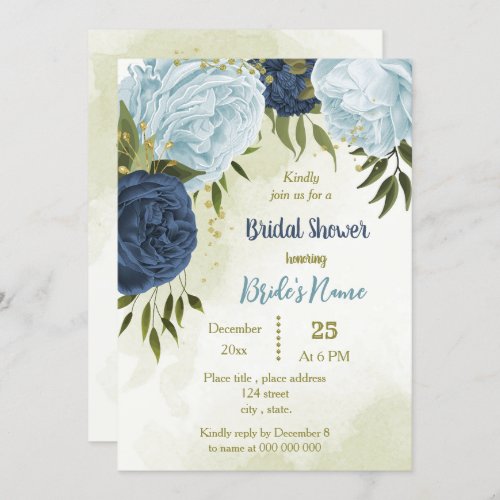 navy dusty blue flowers green leaves bridal shower invitation