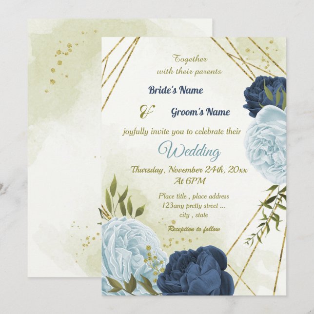 navy dusty blue flowers green leaves wedding invitation (Front/Back)