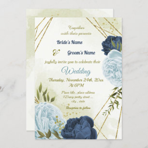 navy dusty blue flowers green leaves wedding invitation