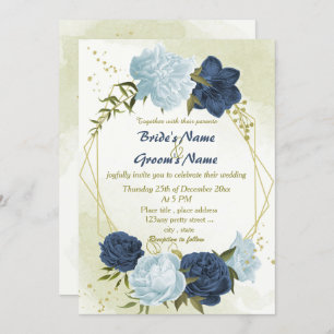navy dusty blue flowers green leaves wedding invitation