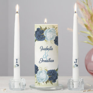 navy dusty blue flowers green leaves wedding unity candle set