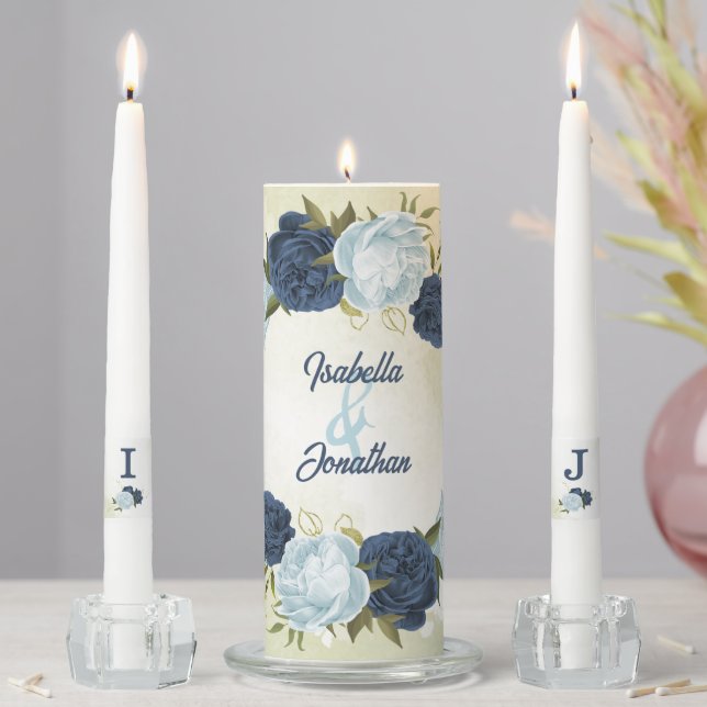 navy dusty blue flowers green leaves wedding unity candle set (In Situ)