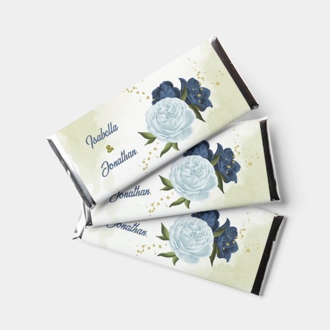 Navy & dusty blue flowers greenery wedding hershey bar favors (Front)