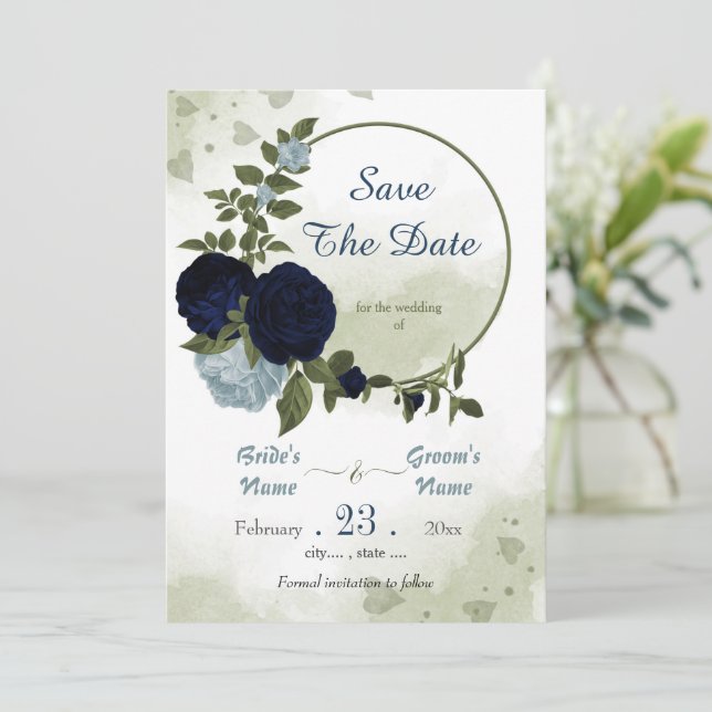navy & dusty blue flowers greenery wreath  save the date (Standing Front)