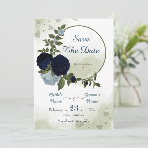 navy  dusty blue flowers greenery wreath  save the date