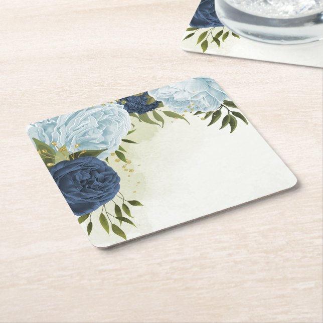 navy dusty blue flowers wedding square paper coaster (Angled)