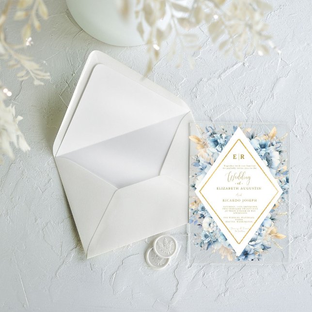Navy Dusty Blue Gold Floral Spring Bloom Wedding  Acrylic Invitations (Creator Uploaded)