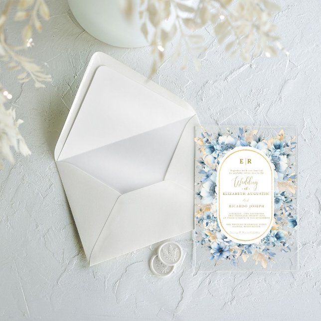 Navy Dusty Blue Gold Floral Spring Bloom Wedding Acrylic Invitations (Creator Uploaded)