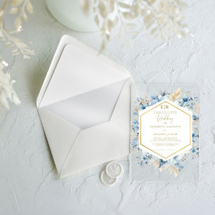 Navy Dusty Blue Gold Floral Spring Bloom Wedding Acrylic Invitations