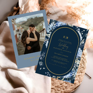 Navy Dusty Blue Gold Floral Spring Bloom Wedding  Invitation