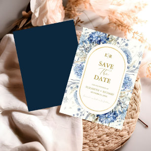 Navy Dusty Blue Gold Floral Spring Bloom Wedding Invitation