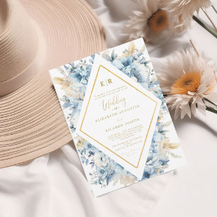Navy Dusty Blue Gold Floral Spring Bloom Wedding Invitation