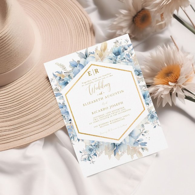 Navy Dusty Blue Gold Floral Spring Bloom Wedding  Invitation (Creator Uploaded)