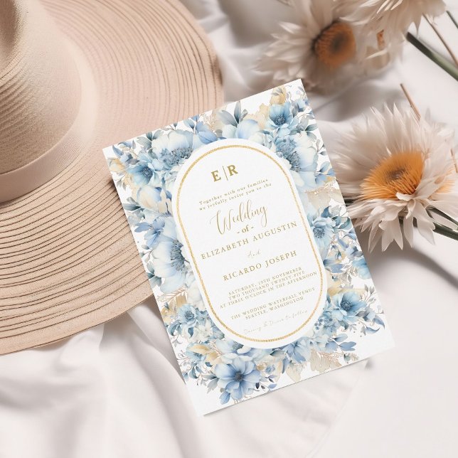 Navy Dusty Blue Gold Floral Spring Bloom Wedding Invitation (Creator Uploaded)