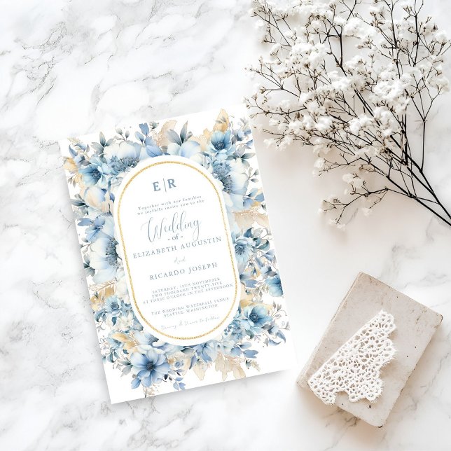 Navy Dusty Blue Gold Floral Spring Bloom Wedding Invitation (Creator Uploaded)