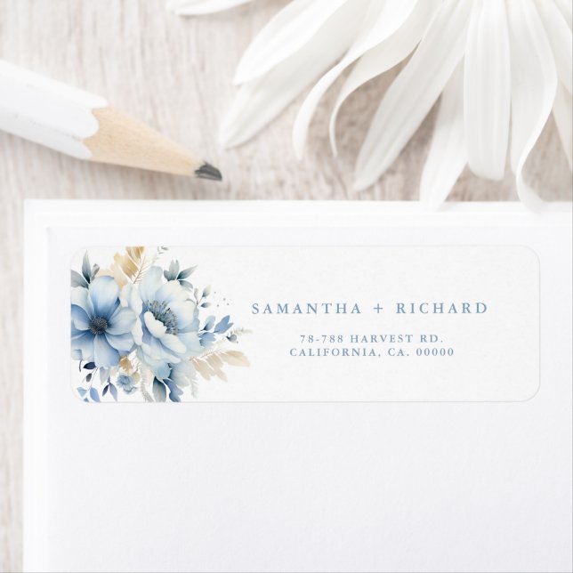 Navy Dusty Blue Gold Floral Spring Bloom Wedding Label (Insitu)