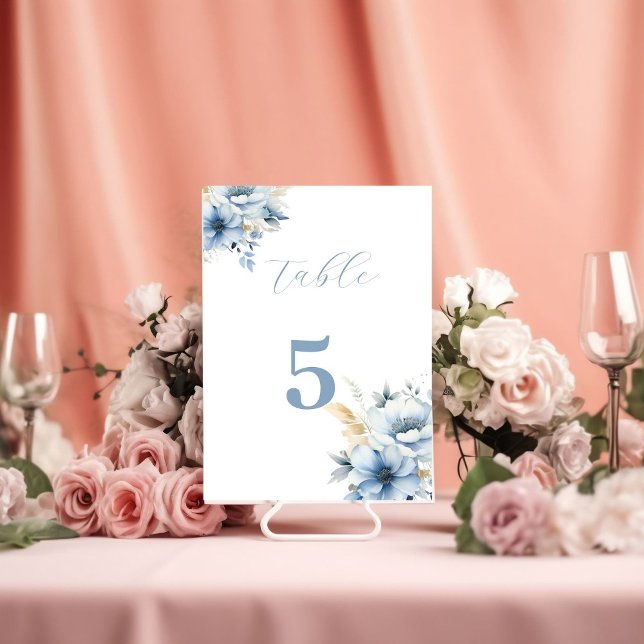 Navy Dusty Blue Gold Floral Spring Bloom Wedding Table Number (Creator Uploaded)