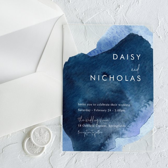 Navy Dusty Blue Ocean Watercolor Wedding Acrylic Invitations (Creator Uploaded)
