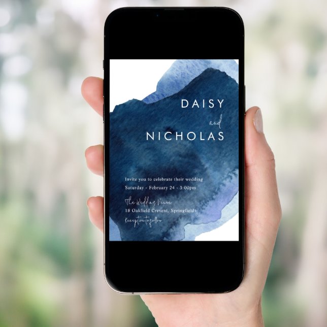 Navy Dusty Blue Ocean Watercolor Wedding Invitation (Front Digital)