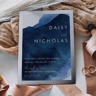Navy Dusty Blue Ocean Watercolor Wedding Silver  Foil Invitation