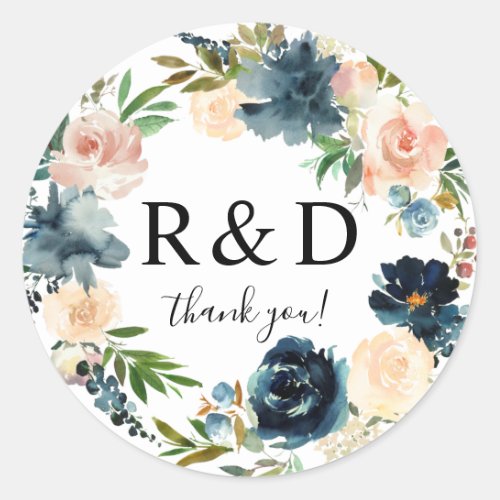 Navy  Dusty Blue  Pink Blush Floral Monogram _ Classic Round Sticker