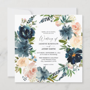 Navy, Dusty Blue & Pink Floral 2 Square Wedding  Invitation