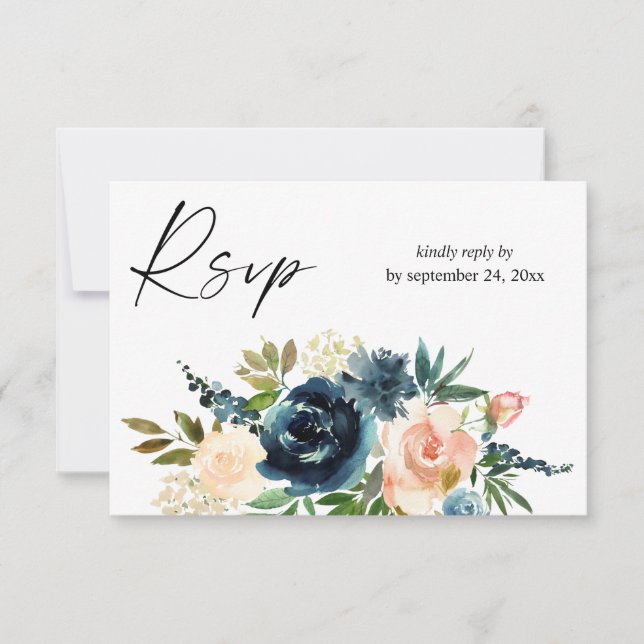Navy & Dusty Blue Pink Floral 2with Meal RSVP Card (Front)