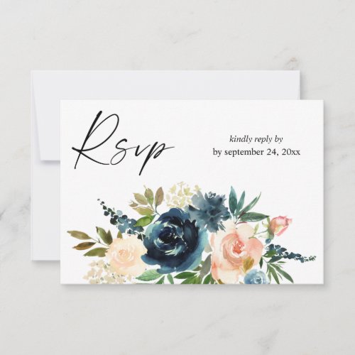 Navy  Dusty Blue Pink Floral 2with Meal RSVP Card