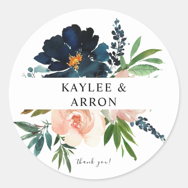 Navy & Dusty Blue Pink Floral 3 Thank You Classic Round Sticker (Front)