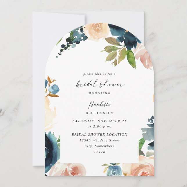 Navy & Dusty Blue, Pink Floral Bridal Shower Arc Invitation (Front)