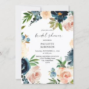 Navy & Dusty Blue, Pink Floral Bridal Shower Invitation