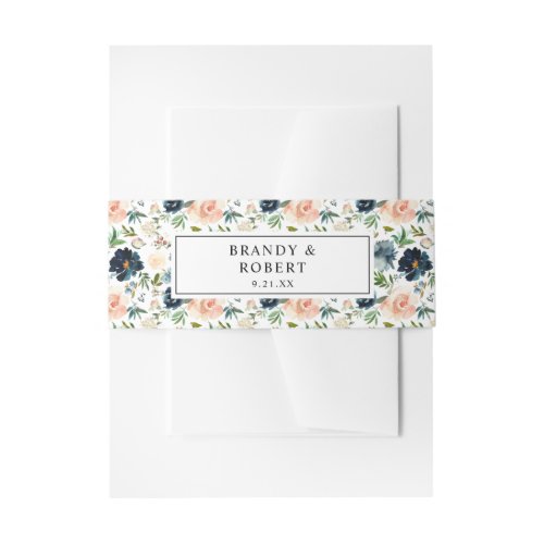 Navy  Dusty Blue Pink Floral  Invitation Belly Band