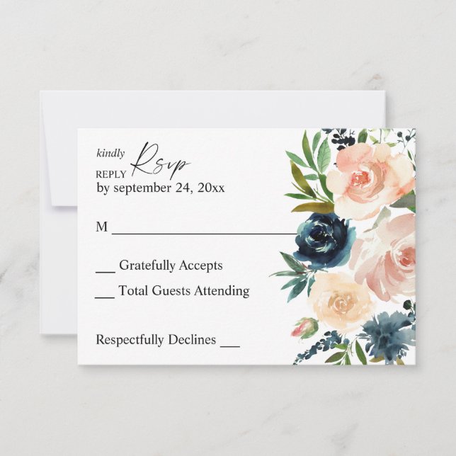 Navy & Dusty Blue & Pink Floral no Meal RSVP Card (Front)