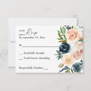 Navy & Dusty Blue & Pink Floral no Meal RSVP Card
