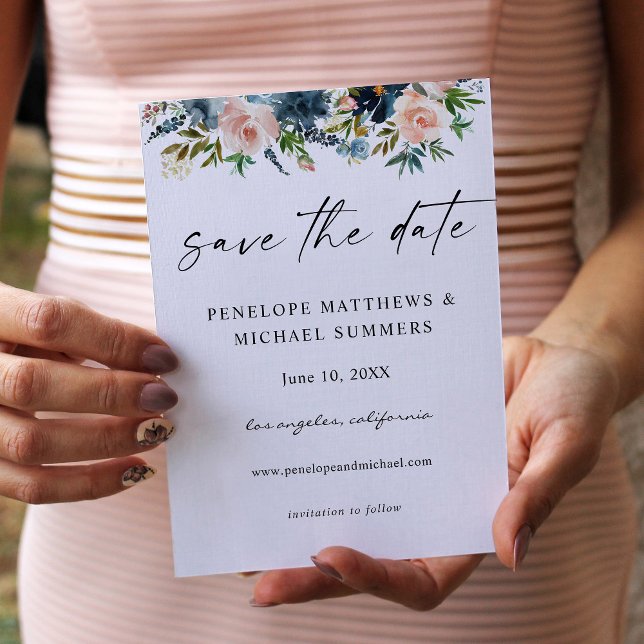 Navy Dusty Blue & Pink Floral Save the Date V2 (Creator Uploaded)