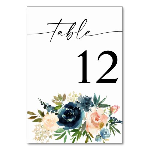 Navy Dusty Blue  Pink Floral Table Number