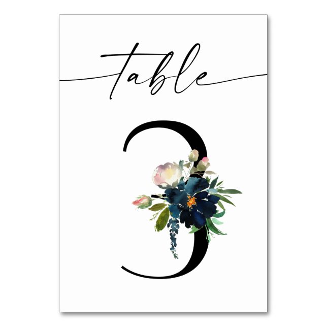 Navy, Dusty Blue & Pink Floral Table Number 3 (Front)