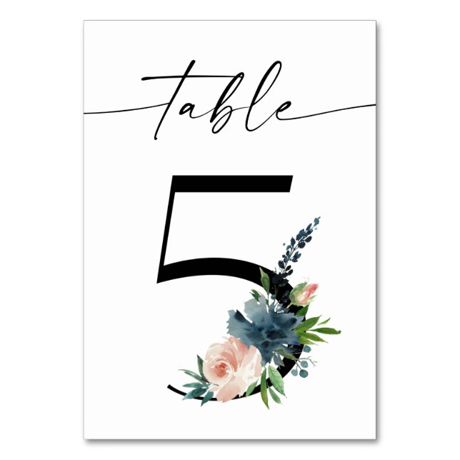 Navy, Dusty Blue & Pink Floral Table Number 5 (Front)