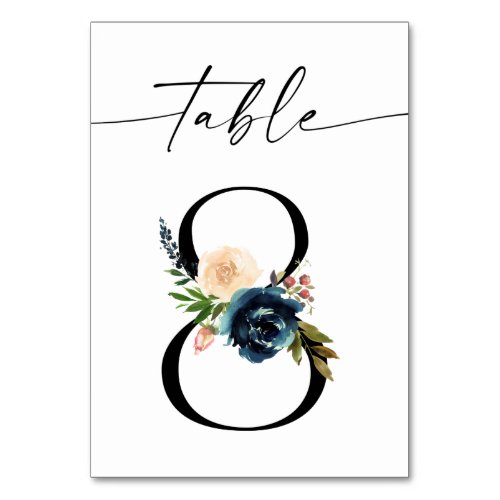 Navy Dusty Blue  Pink Floral Table Number 8