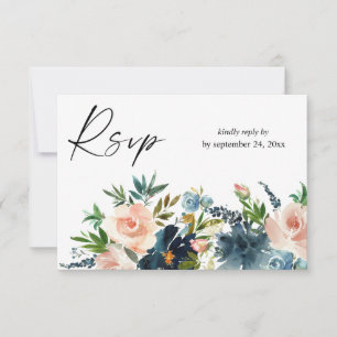 Navy & Dusty Blue Pink Floral with Meal RSVP Card