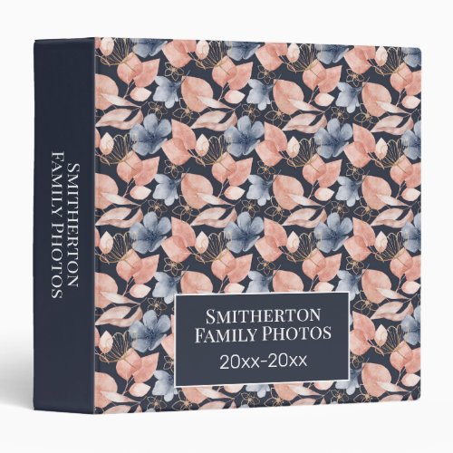 Navy Dusty Blue Pink Leaves Family Photos  3 Ring Binder