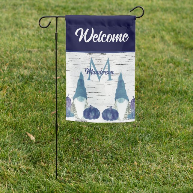 Navy Dusty Blue Pumpkin Gnomes Aspen Rustic House  Garden Flag (In SItu)