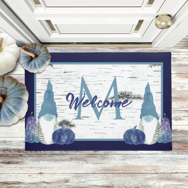 Navy Dusty Blue Pumpkin Gnomes Aspen Rustic wood D Doormat (Creator Uploaded)