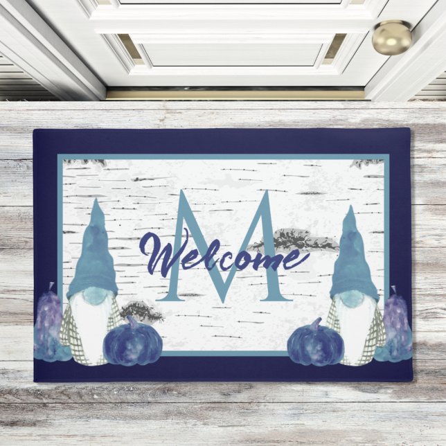 Navy Dusty Blue Pumpkin Gnomes Aspen Rustic wood Doormat (Creator Uploaded)