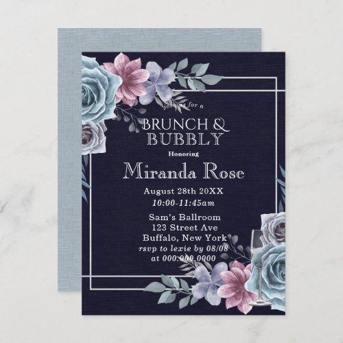 Navy Dusty Blue Rose Flora Brunch  Bubbly Invites