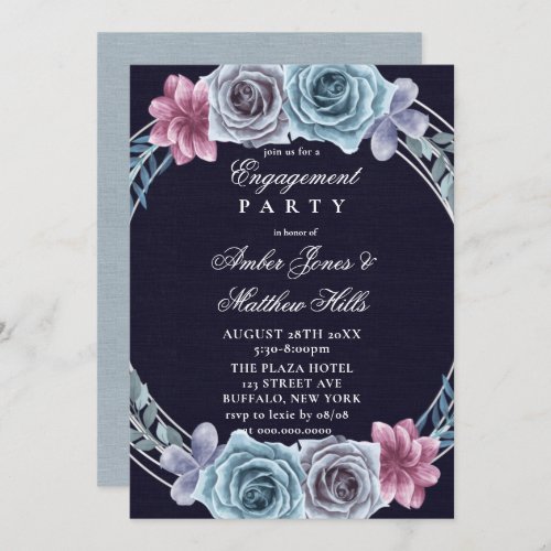 Navy Dusty Blue Rose Floral Engagement Party  Invitation