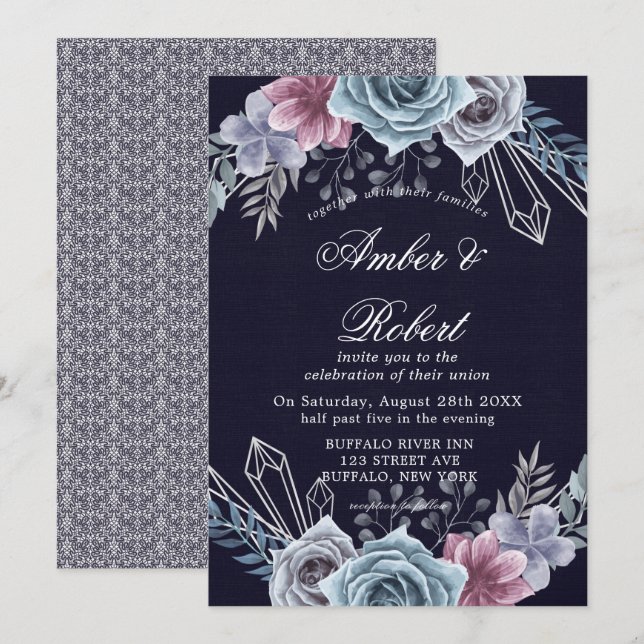 Navy Dusty Blue Rose Floral Wedding Invitations  (Front/Back)