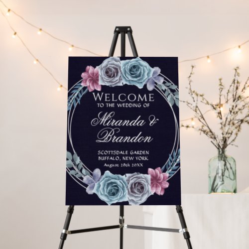 Navy Dusty Blue Rose Floral Wedding Welcome Sign