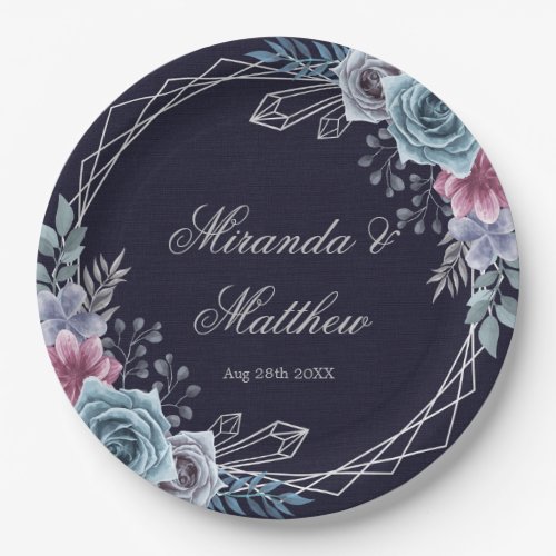 Navy Dusty Blue Rose Florals Wedding  Paper Plates