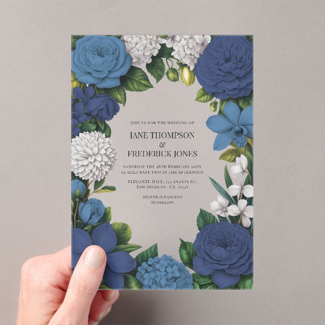 Navy, Dusty Blue & Silver Floral Wedding Acrylic Invitations (Insitu (Handheld))
